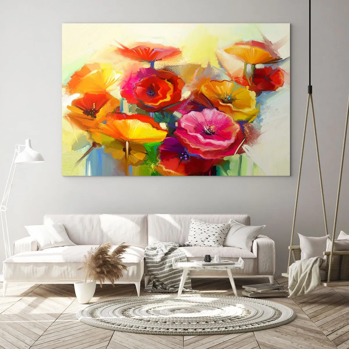 Glasbild - Bild auf glas - Bunte Mohnblumen in leuchtenden Farben - 70x50cm - Nicht nur rot - Moderne Wanddekoration für Wohnzimmer und Schlafzimmer ARTTOR