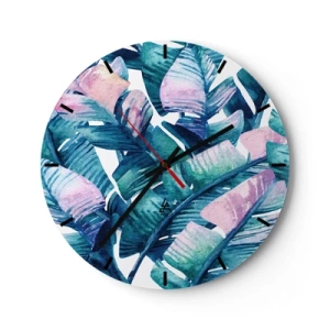Wanduhr - Glasuhr - Tropische Blätter in Grün- und Rosatönen - 30x30cm - In einem Bananenhain - Moderne Wanddekoration für Wohnzimmer, Küche und Schlafzimmer ARTTOR