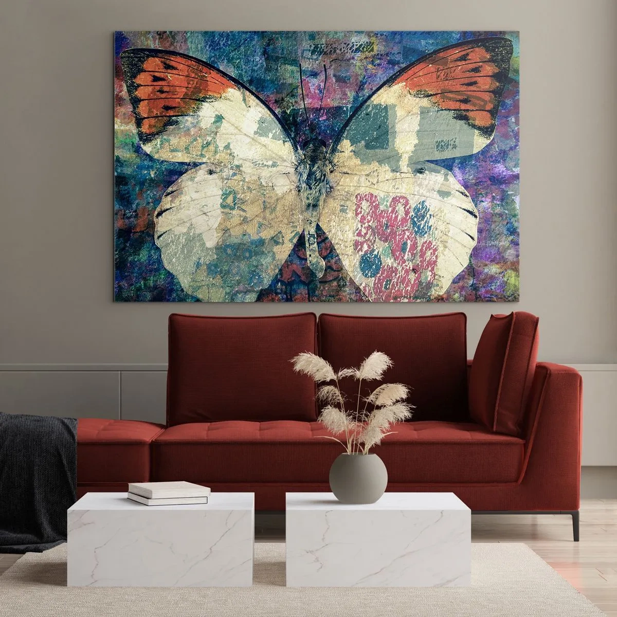 Glasbild - Bild auf glas - Ein bunter Schmetterling auf einem abstrakten Hintergrund in Blau- und Orangetönen. - 120x80cm - Subtile Zerbrechlichkeit - Moderne Wanddekoration für Wohnzimmer und Schlafzimmer ARTTOR