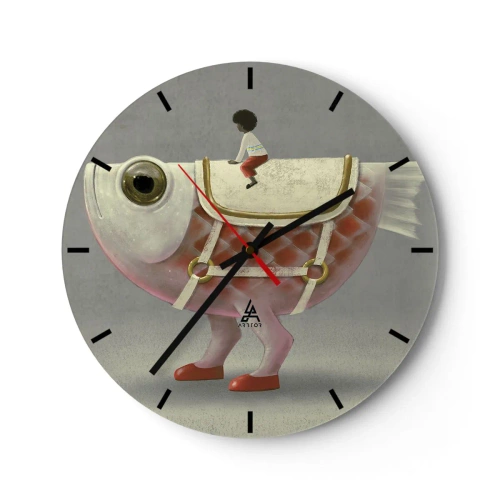 Wanduhr - Glasuhr - Eine Figur auf einem großen Fisch mit Sattel und Stiefeln auf grauem Hintergrund - 30x30cm - Reiter auf einem surrealen Fisch - Moderne Wanddekoration für Wohnzimmer, Küche und Schlafzimmer ARTTOR