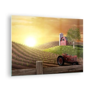 Glasbild - Bild auf glas - Sonnenuntergang über einem Bauernhof mit einem Feld und einem Traktor - 70x50cm - Ein Bauernhof wie aus einem Märchen - Moderne Wanddekoration für Wohnzimmer und Schlafzimmer ARTTOR