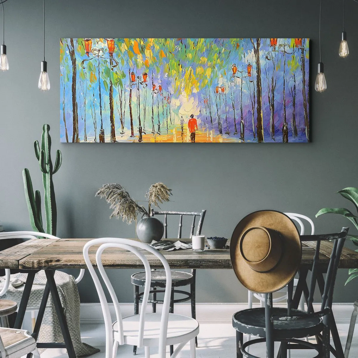 Bild auf Leinwand - Leinwandbild - Ein malerischer Spaziergang zwischen den Laternen in einer regnerischen Nacht - 160x50cm - Nachtlied des Regens - Moderne Wanddekoration für Wohnzimmer und Schlafzimmer ARTTOR