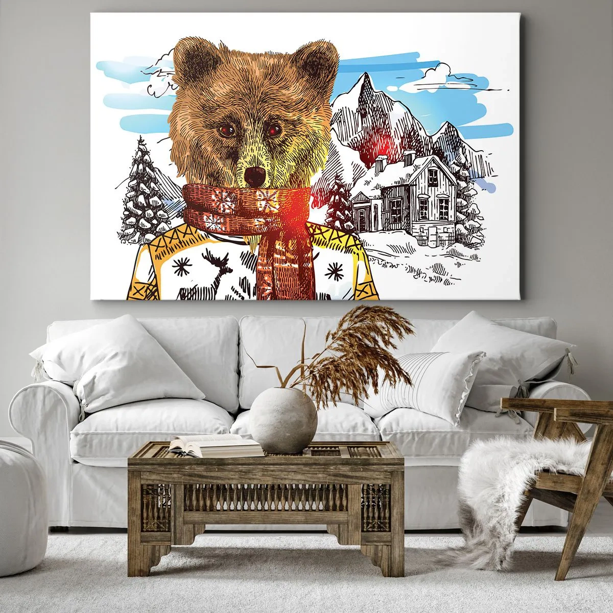 Bild auf Leinwand - Leinwandbild - Ein Bär in Pullover und Schal mit einem Berghaus im Hintergrund - 120x80cm - Die Bärenhütte - Moderne Wanddekoration für Wohnzimmer und Schlafzimmer ARTTOR