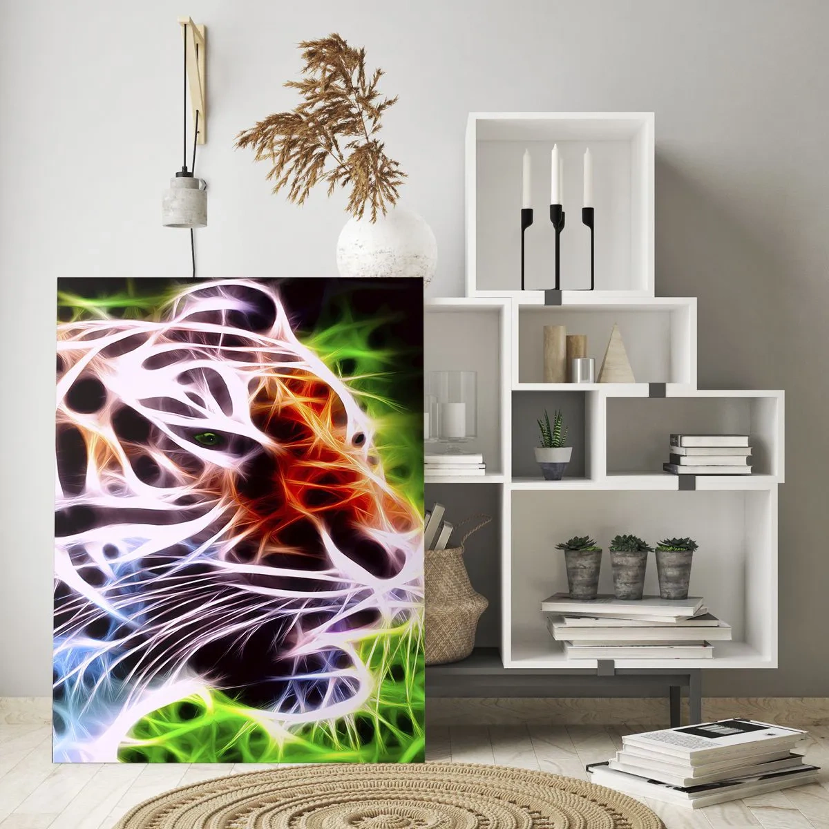 Glasbild - Bild auf glas - Ein Tiger in neonfarbenen, leuchtenden Farben - 50x70cm - Schreckliche Aura - Moderne Wanddekoration für Wohnzimmer und Schlafzimmer ARTTOR
