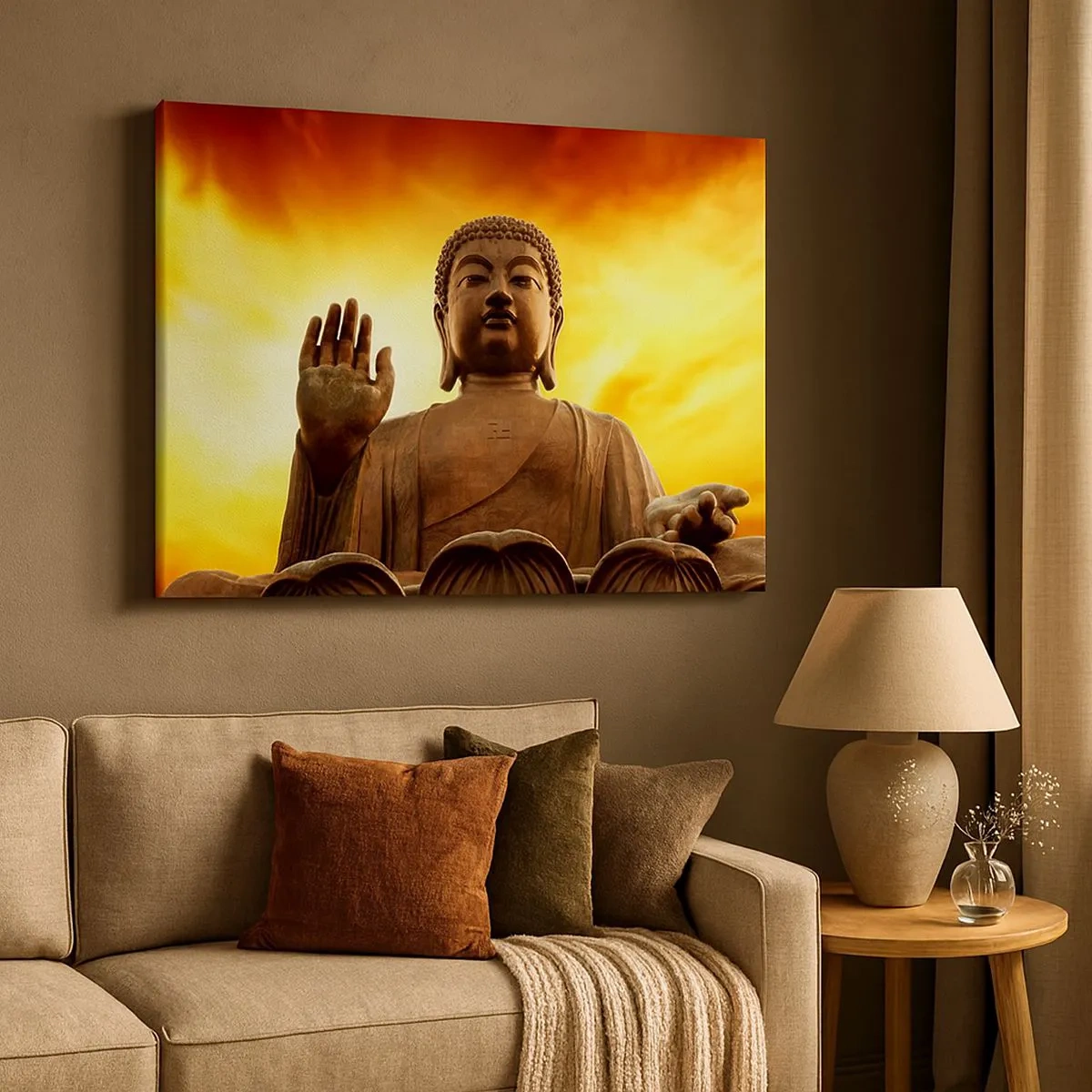 Bild auf Leinwand - Leinwandbild - Eine Buddha-Statue vor einem goldenen Sonnenuntergangshimmel - 70x50cm - Frieden der Welt - Moderne Wanddekoration für Wohnzimmer und Schlafzimmer ARTTOR
