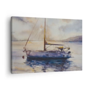 Bild auf Leinwand - Leinwandbild - Eine Yacht auf ruhigem Meer bei Sonnenuntergang - 70x50cm - Abend in der Bucht - Moderne Wanddekoration für Wohnzimmer und Schlafzimmer ARTTOR