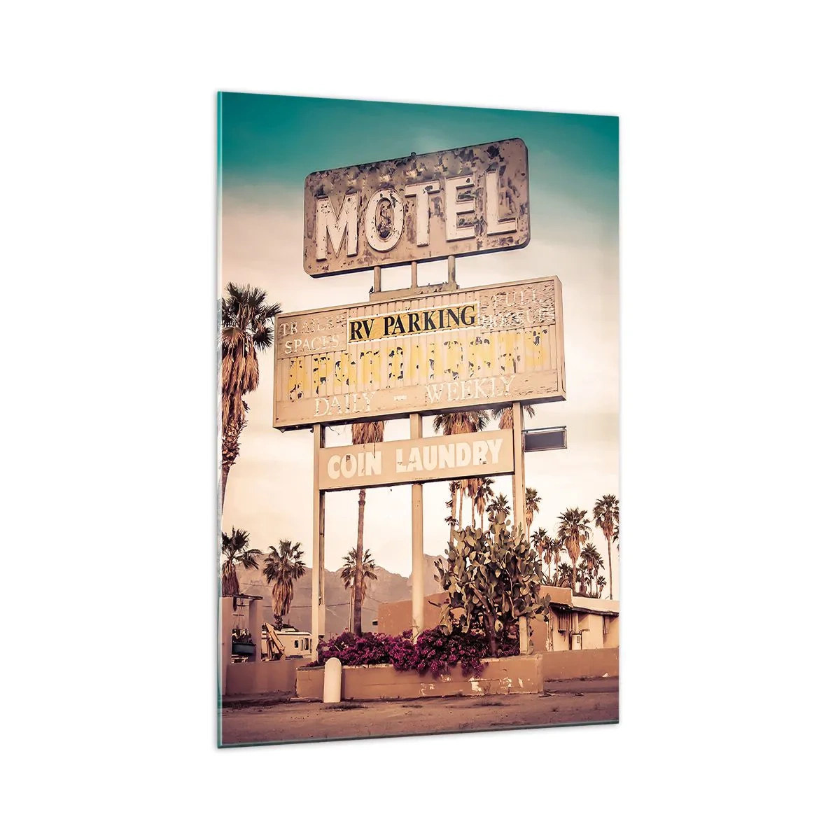 Glasbild - Bild auf glas - Retro-Motelschild, umgeben von Palmen - 70x100cm - Hier ist die Zeit stehen geblieben - Moderne Wanddekoration für Wohnzimmer und Schlafzimmer ARTTOR
