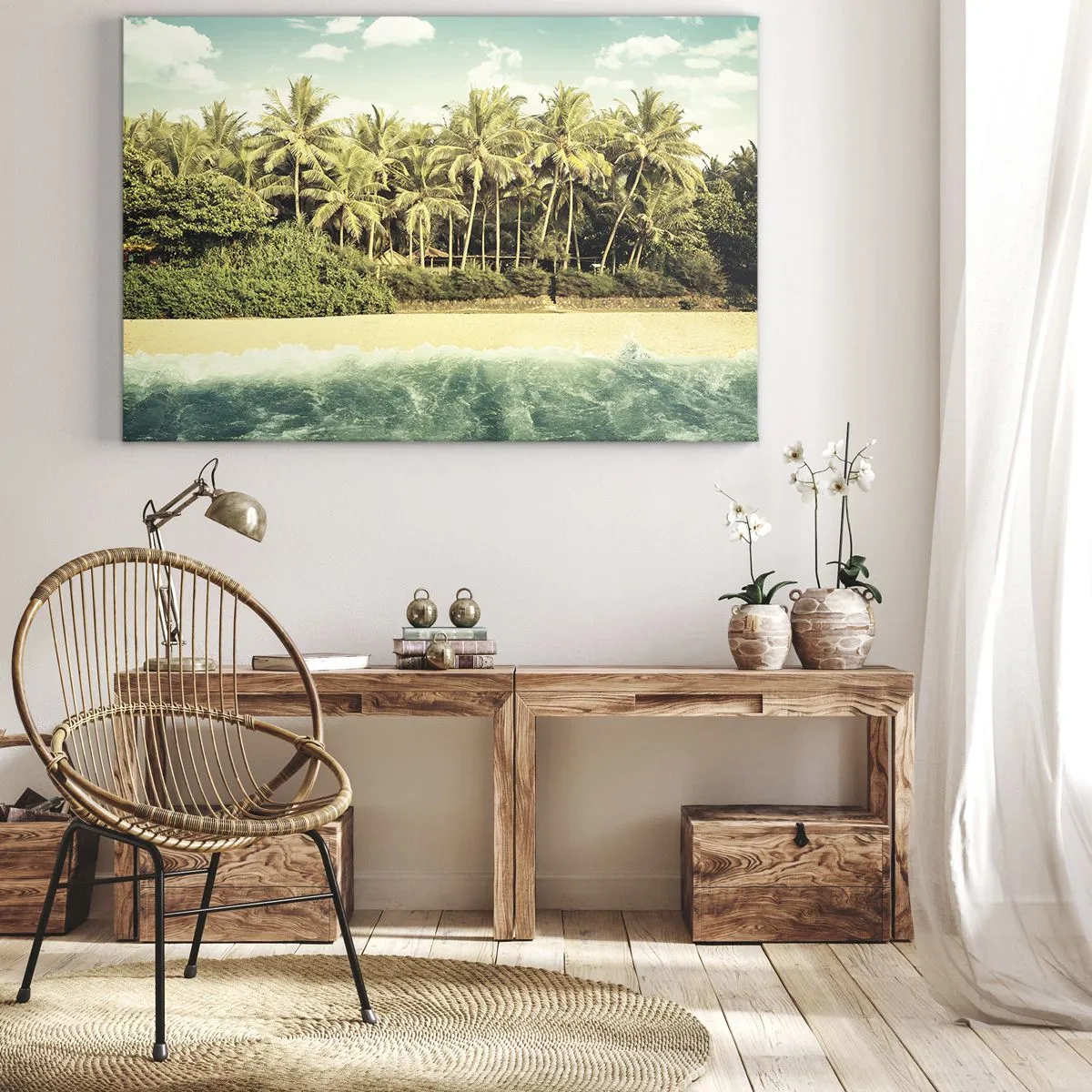 Bild auf Leinwand - Leinwandbild - Tropischer Strand mit Palmen und türkisfarbenem Meer - 70x50cm - Wie wäre es hier? - Moderne Wanddekoration für Wohnzimmer und Schlafzimmer ARTTOR