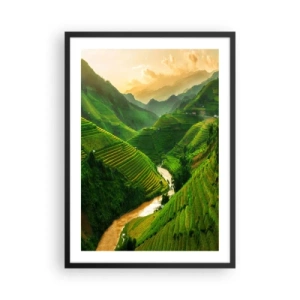 Poster in einem schwarzem Rahmen - Malerische Reisterrassen in einem grünen Tal - 50x70cm - Vietnamesisches Tal - Moderne Wanddekoration für Wohnzimmer und Schlafzimmer ARTTOR