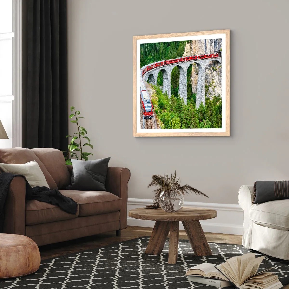 Poster in einem Rahmen aus heller Eiche - Eisenbahn für Bergblick - 50x50 cm