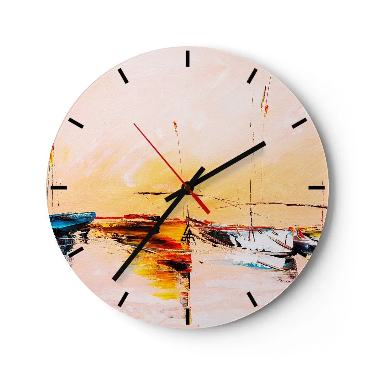Wanduhr - Glasuhr - Segelboote in einem malerischen Hafen bei Sonnenuntergang - 30x30cm - Abend im Yachthafen - Moderne Wanddekoration für Wohnzimmer, Küche und Schlafzimmer ARTTOR