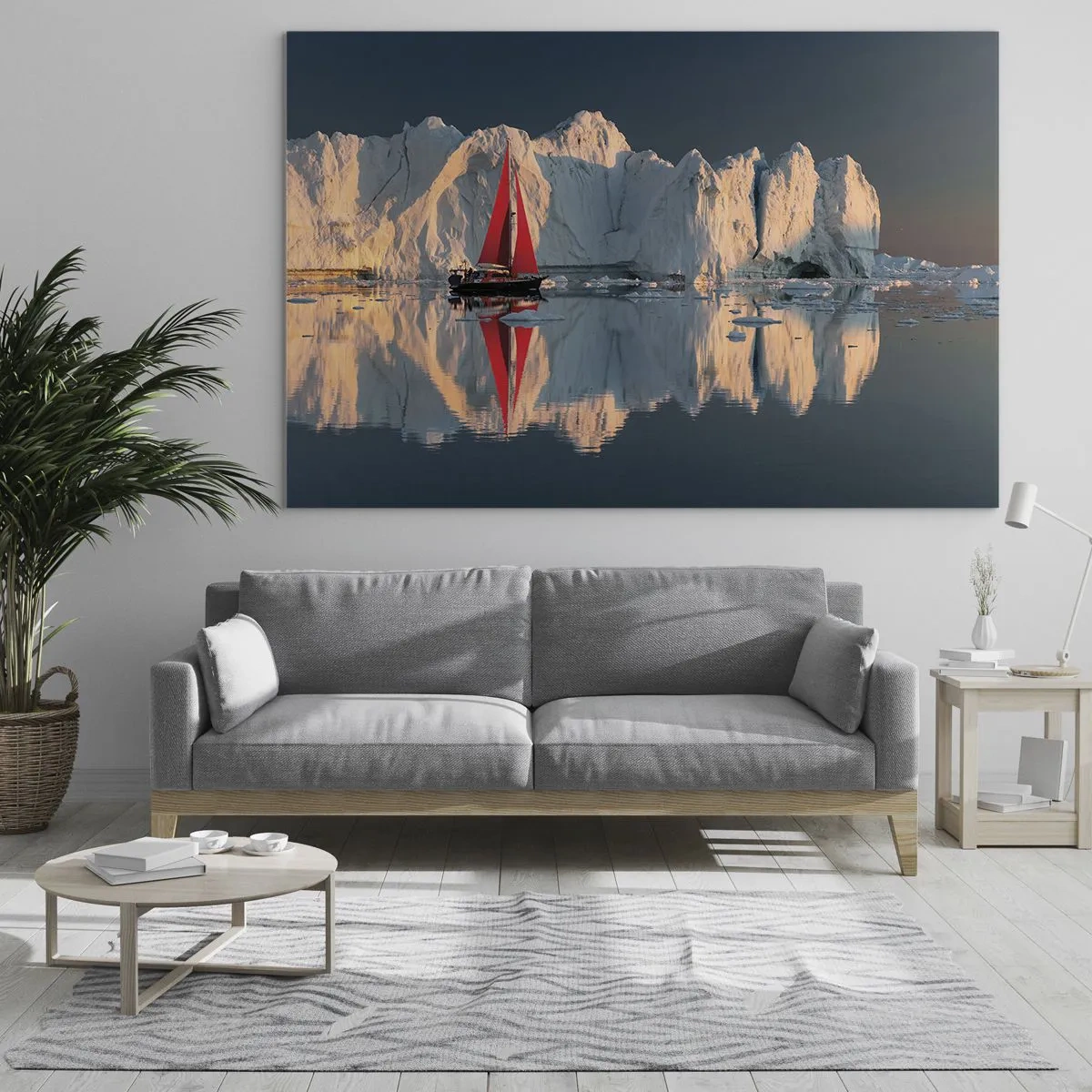Glasbild - Bild auf glas - Ein Segelboot mit einem roten Segel in der Nähe der Eisberge bei Sonnenuntergang - 120x80cm - Am Rande der Welt - Moderne Wanddekoration für Wohnzimmer und Schlafzimmer ARTTOR