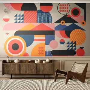 Fototapete Premium Sand - Bunte geometrische Komposition im abstrakten Stil - 100x70cm - Komposition: Na, los, spiel! - Moderne Wanddekoration für Wohnzimmer und Schlafzimmer ARTTOR