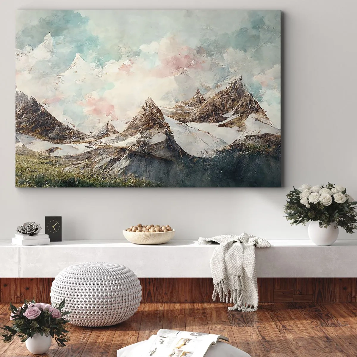 Bild auf Leinwand - Leinwandbild - Malerische Berge mit pastellfarbenem Himmel - 70x50cm - Felsklingen - Moderne Wanddekoration für Wohnzimmer und Schlafzimmer ARTTOR