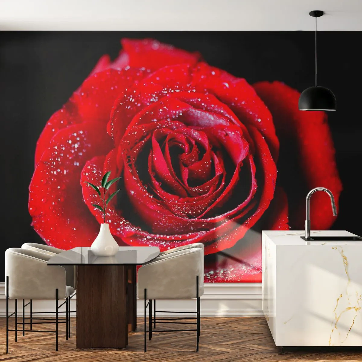 Fototapete Standard Eco - Das ist Liebe - Blumen, Rote Rose, Rosenblätter - 450x315 cm
