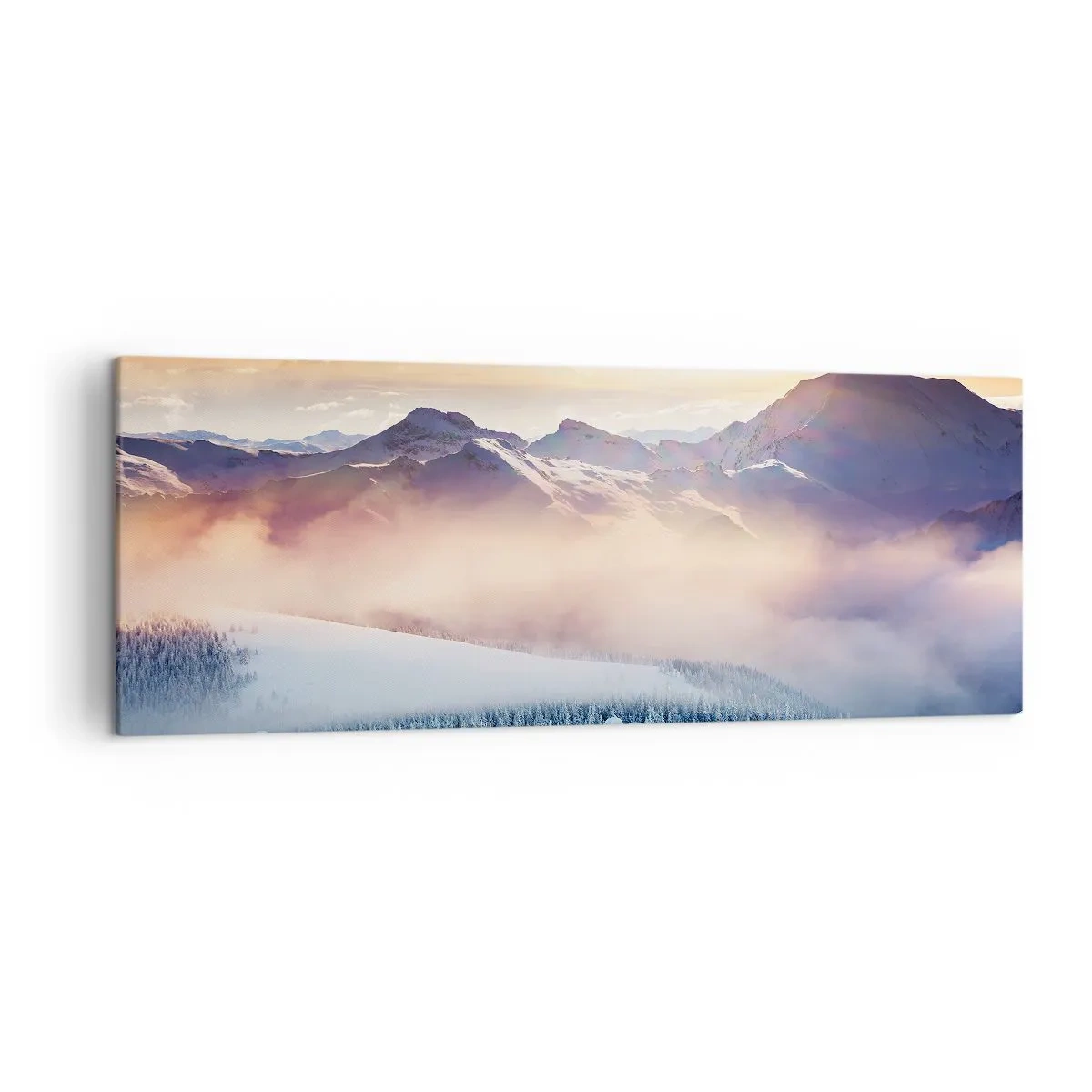 Bild auf Leinwand - Leinwandbild - Schneebedeckte Berge im Morgengrauen mit einem farbenfrohen Himmel - 140x50cm - Die Kraft und Reinheit der Natur - Moderne Wanddekoration für Wohnzimmer und Schlafzimmer ARTTOR