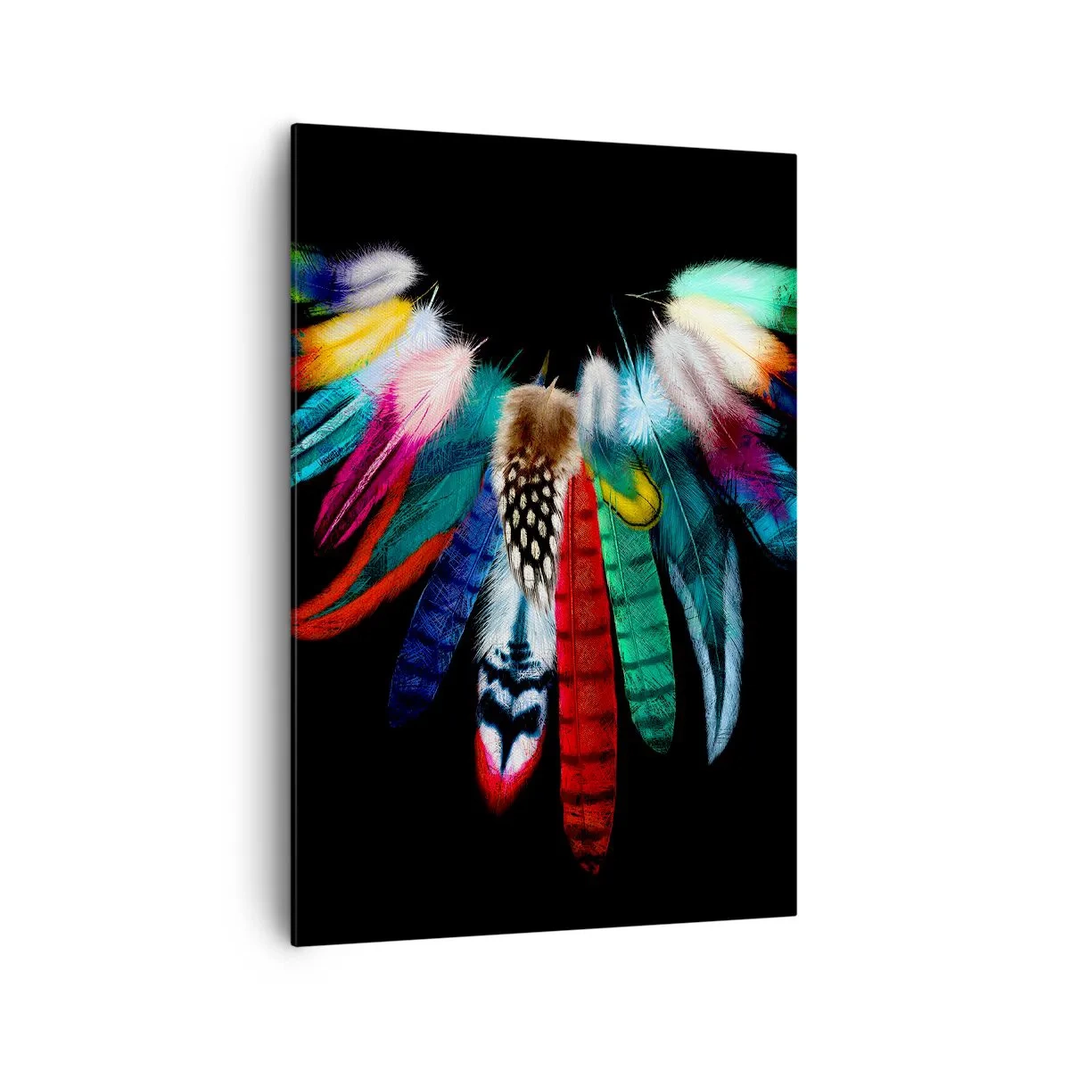 Bild auf Leinwand - Leinwandbild - Bunte Federn auf schwarzem Hintergrund in einer künstlerischen Komposition - 70x100cm - Indische Halskette - Moderne Wanddekoration für Wohnzimmer und Schlafzimmer ARTTOR