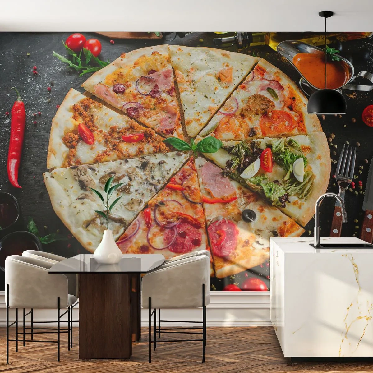 Fototapete Standard Eco - Eine Reihe von Geschmacksrichtungen - Gastronomie, Pizza, Italien - 350x256 cm