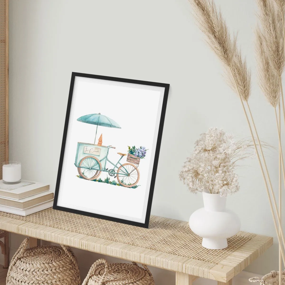 Poster in einem schwarzem Rahmen - Aquarell-Illustration eines Fahrrads mit Eis und Blumen - 50x70cm - Süße Erinnerung an den Sommer - Moderne Wanddekoration für Wohnzimmer und Schlafzimmer ARTTOR