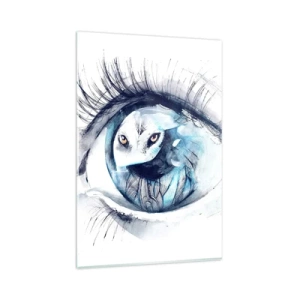 Glasbild - Bild auf glas - Ein Auge mit dem Bild einer Eule in Aquarell-Blautönen - 80x120cm - Auge in Auge mit Wildheit - Moderne Wanddekoration für Wohnzimmer und Schlafzimmer ARTTOR