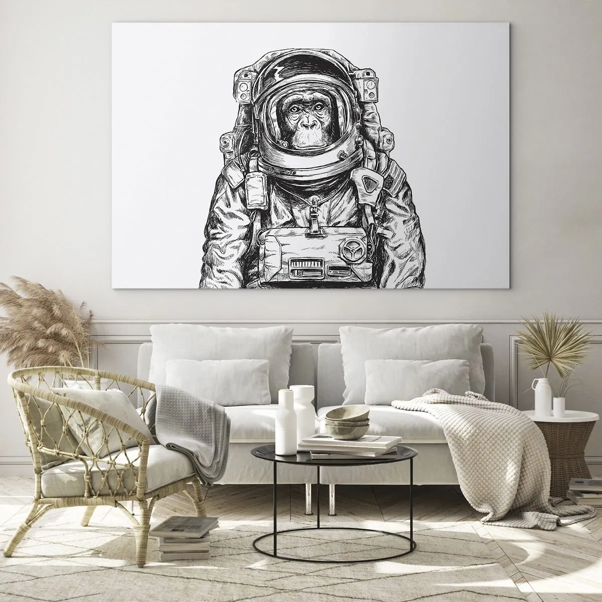 Glasbild - Bild auf glas - Skizze eines Affen im Astronautenanzug auf weißem Hintergrund - 70x50cm - Alternative Evolution - Moderne Wanddekoration für Wohnzimmer und Schlafzimmer ARTTOR