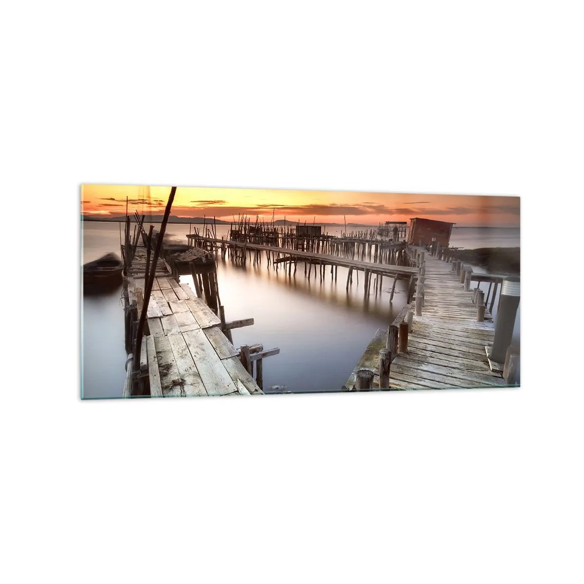 Glasbild - Bild auf glas - Holzstege auf ruhigem Wasser bei Sonnenuntergang - 120x50cm - Authentisch, keine Touristenattrappe - Moderne Wanddekoration für Wohnzimmer und Schlafzimmer ARTTOR