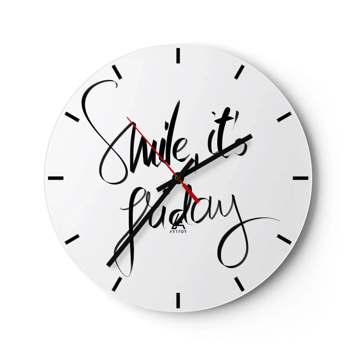 Wanduhr - Glasuhr - Smile it's Friday Zitat in stilvollen Schwarz-Weiß-Grafiken - 30x30cm - Echte Freude - Moderne Wanddekoration für Wohnzimmer, Küche und Schlafzimmer ARTTOR