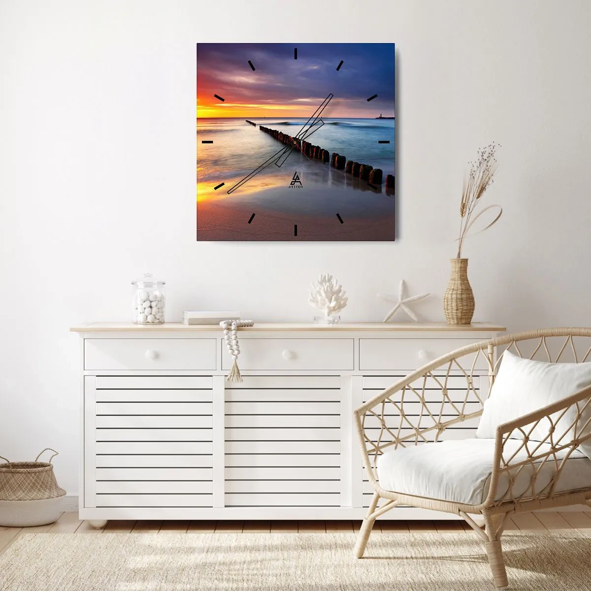 Wanduhr - Glasuhr - Sonnenuntergang über dem Meer mit einem Wellenbrecher im Vordergrund - 30x30cm - Lausche der Stille - Moderne Wanddekoration für Wohnzimmer und Schlafzimmer ARTTOR