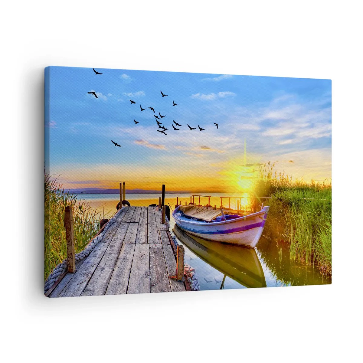 Bild auf Leinwand - Leinwandbild - Ein Boot an einem Holzsteg bei Sonnenuntergang - 70x50cm - Bis morgen - Moderne Wanddekoration für Wohnzimmer und Schlafzimmer ARTTOR