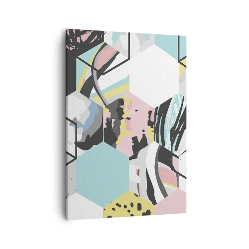 Bild auf Leinwand - Leinwandbild - Geometrisches Sechseckmuster mit farbenfrohen abstrakten Details - 50x70cm - Sechsecke und Würfel in sechs Farben - Moderne Wanddekoration für Wohnzimmer und Schlafzimmer ARTTOR