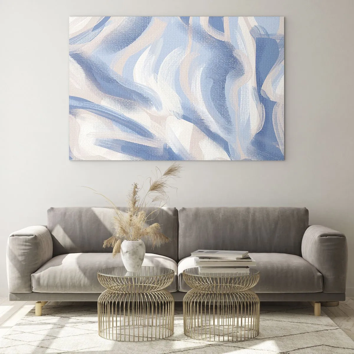 Glasbild - Bild auf glas - Abstrakte Striche in Blau, Weiß und Beige in wellenförmiger Form - 70x50cm - Blaue Wellen - Moderne Wanddekoration für Wohnzimmer und Schlafzimmer ARTTOR