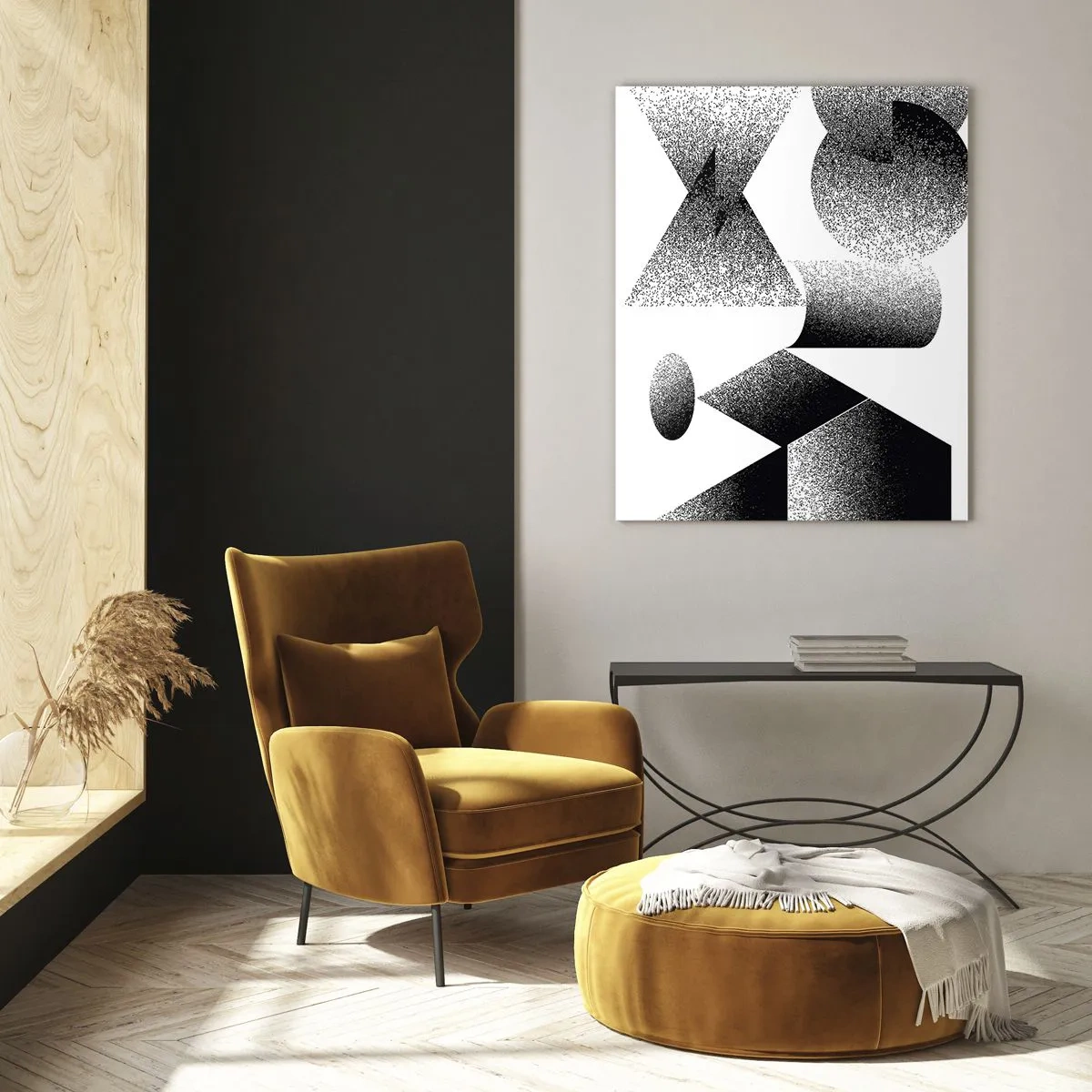 Glasbild - Bild auf glas - Schwarz-Weiß-Abstraktion mit geometrischen Formen - 50x70cm - Winkel und Ovale - Moderne Wanddekoration für Wohnzimmer und Schlafzimmer ARTTOR