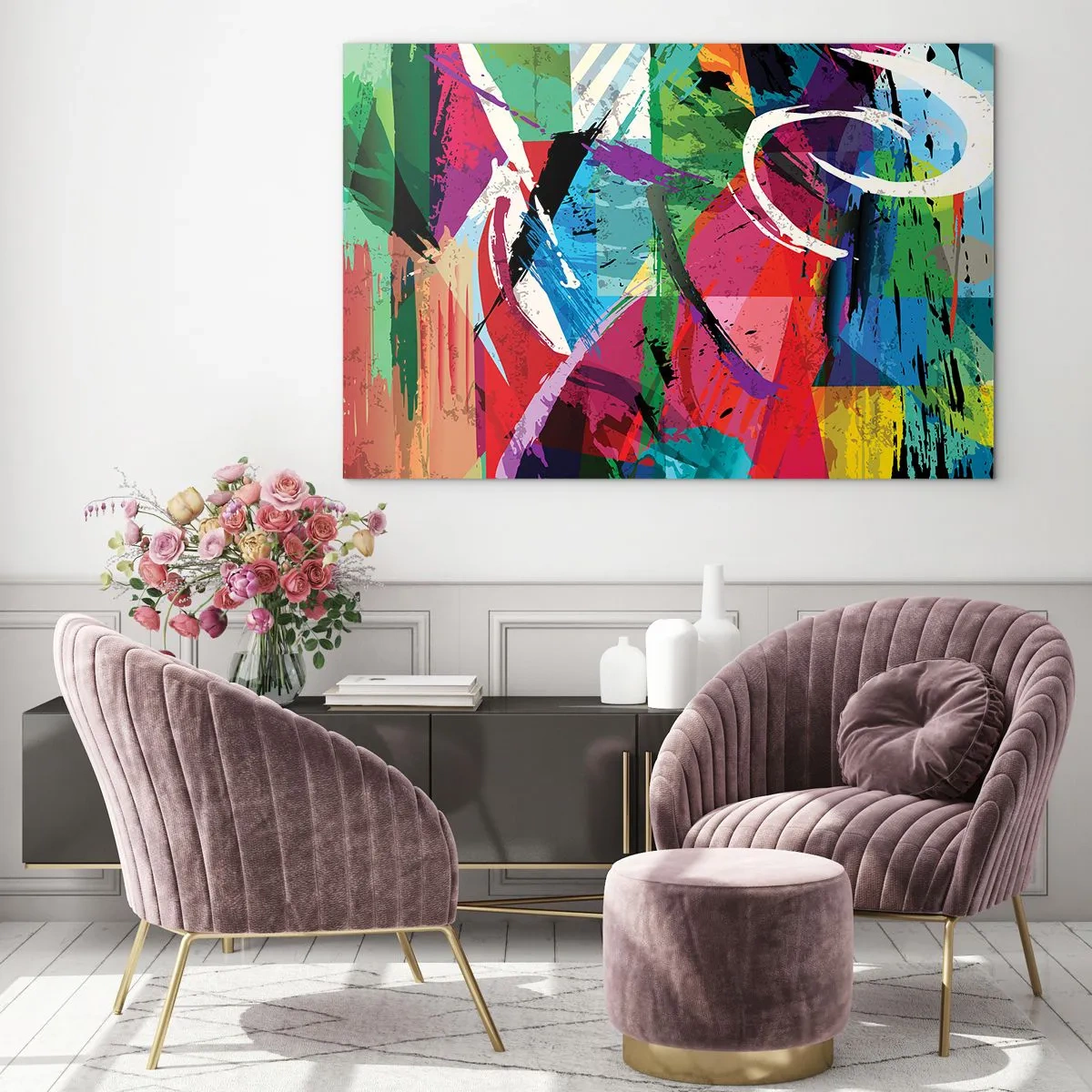 Glasbild - Bild auf glas - Bunte Abstraktion mit dynamischen Formen und Texturen - 100x70cm - Schnell, spritzig und springt - Moderne Wanddekoration für Wohnzimmer und Schlafzimmer ARTTOR