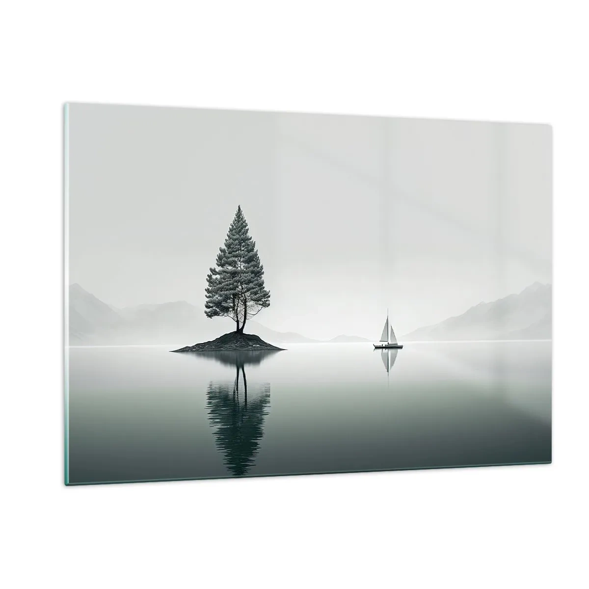 Glasbild - Bild auf glas - Ein einsamer Baum auf einer Insel und ein Segelboot auf einem ruhigen See - 120x80cm - Traum - Moderne Wanddekoration für Wohnzimmer und Schlafzimmer ARTTOR
