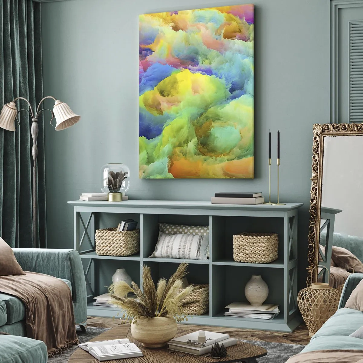 Bild auf Leinwand - Leinwandbild - Abstrakte Komposition in Regenbogenfarben - 80x120cm - Regenbogen unten - Moderne Wanddekoration für Wohnzimmer und Schlafzimmer ARTTOR