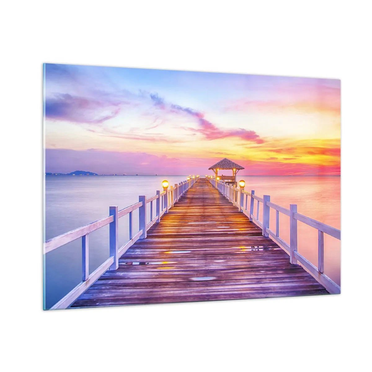 Glasbild - Bild auf glas - Holzsteg bei Sonnenuntergang auf ruhigem Meer - 100x70cm - Die lila-goldene Stille des Abends - Moderne Wanddekoration für Wohnzimmer und Schlafzimmer ARTTOR