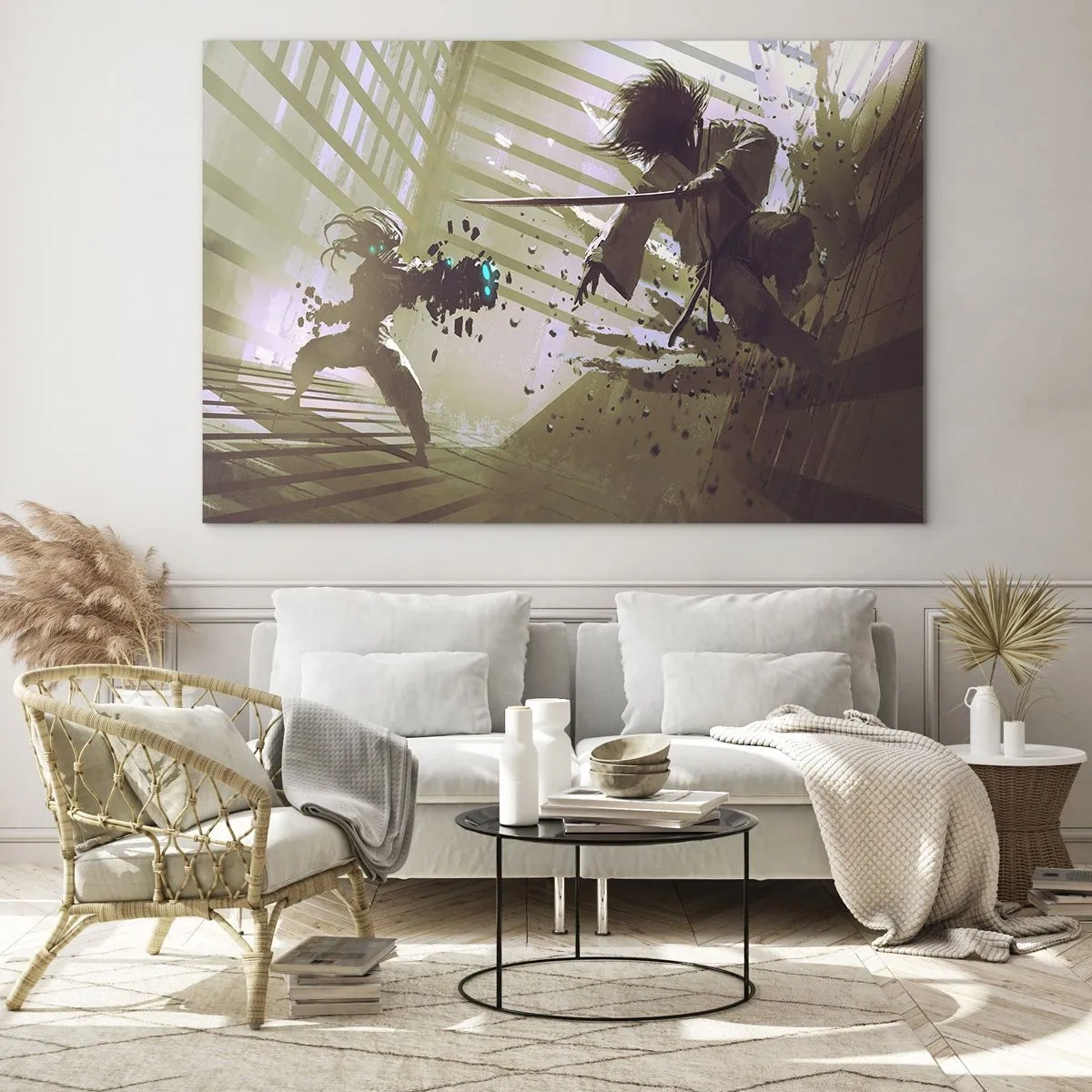 Glasbild - Bild auf glas - Samurai-Duell in einer dynamischen Szene - 70x50cm - Und du kannst ein Samurai sein - Moderne Wanddekoration für Wohnzimmer und Schlafzimmer ARTTOR