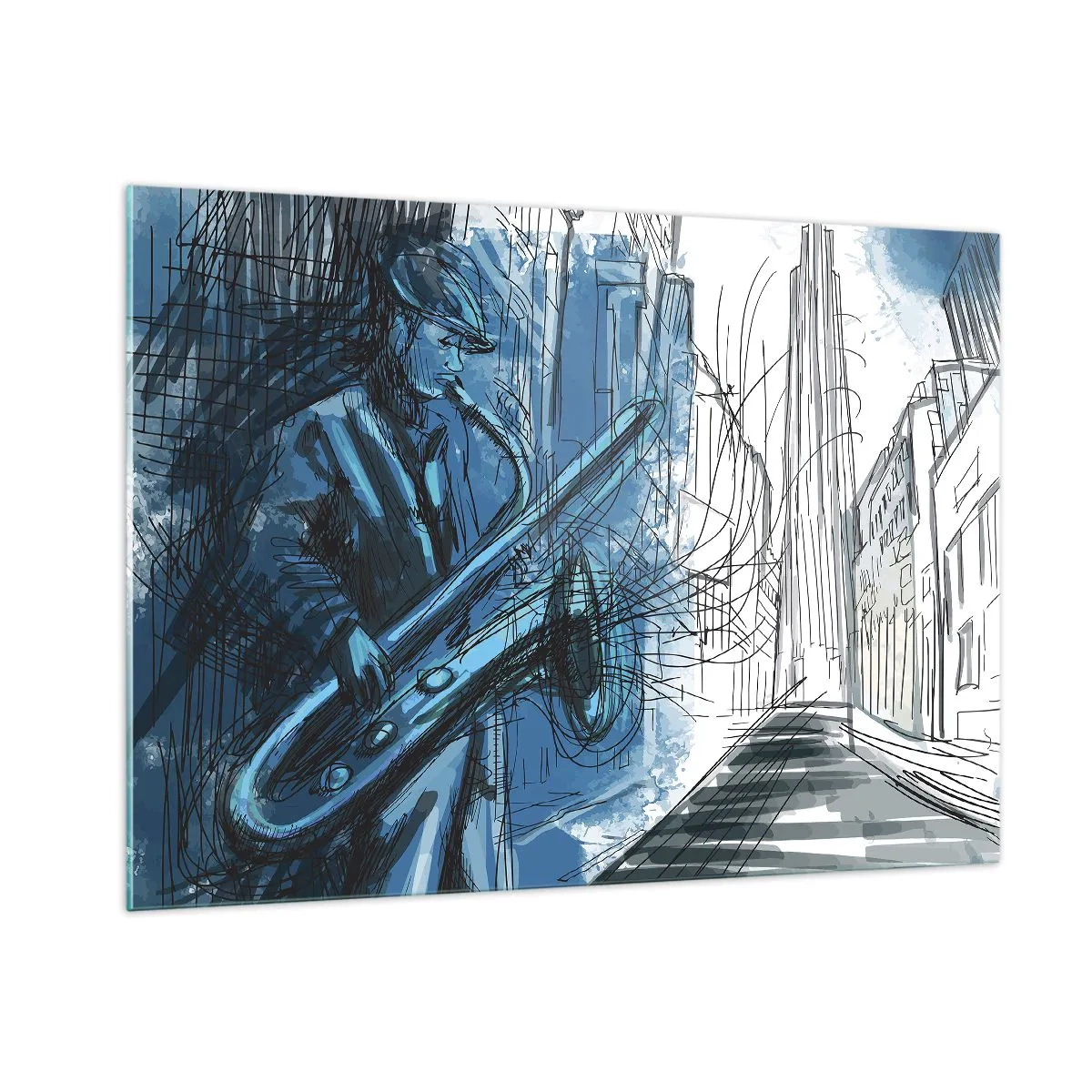 Glasbild - Bild auf glas - Jazz-Saxophonist in blau getönter urbaner Umgebung - 100x70cm - Urbane Rhapsodie - Moderne Wanddekoration für Wohnzimmer und Schlafzimmer ARTTOR