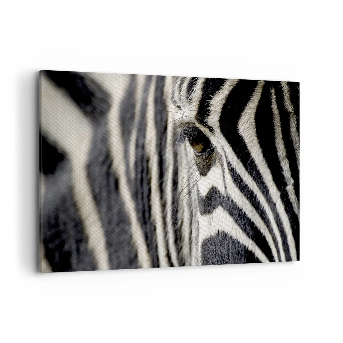Bild auf Leinwand - Leinwandbild - Nahaufnahme eines Zebraauges mit schwarzen und weißen Streifen - 120x80cm - Gestreiftes Porträt - Moderne Wanddekoration für Wohnzimmer und Schlafzimmer ARTTOR