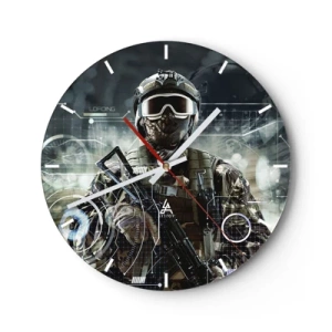Wanduhr - Glasuhr - Die Figur eines Soldaten in moderner Ausrüstung vor dem Hintergrund technologischer Grafiken - 30x30cm - Macht zu Macht - Moderne Wanddekoration für Wohnzimmer, Küche und Schlafzimmer ARTTOR