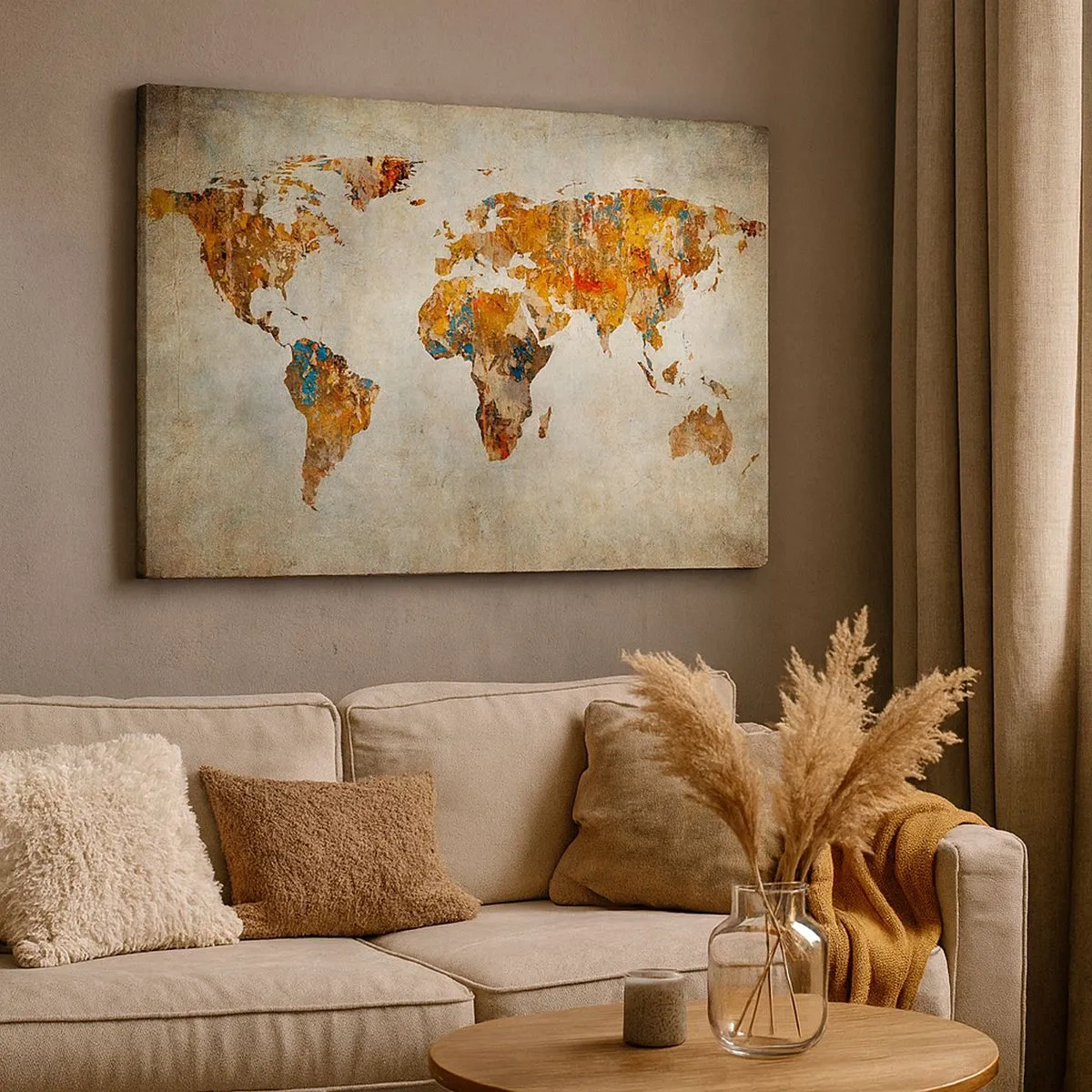 Bild auf Leinwand - Leinwandbild - Vintage-Weltkarte mit bunten Akzenten - 70x50cm - Eine wirklich große Welt - Moderne Wanddekoration für Wohnzimmer und Schlafzimmer ARTTOR