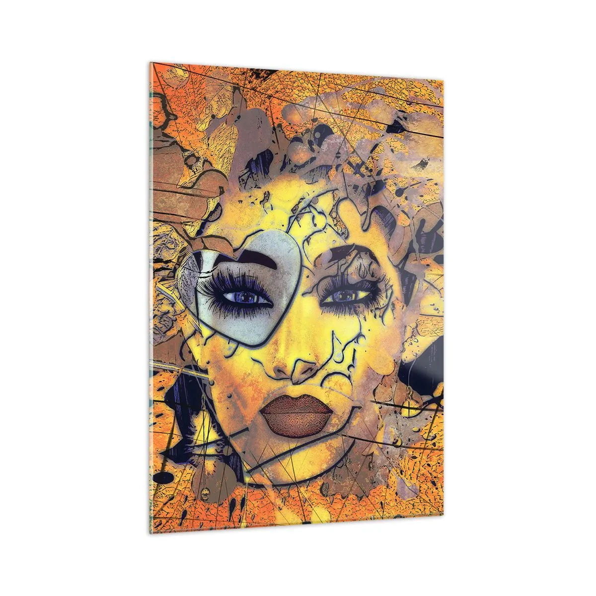 Glasbild - Bild auf glas - Abstraktes Frauengesicht in gold-orangen Tönen - 50x70cm - Sonnige Schönheit - Moderne Wanddekoration für Wohnzimmer und Schlafzimmer ARTTOR