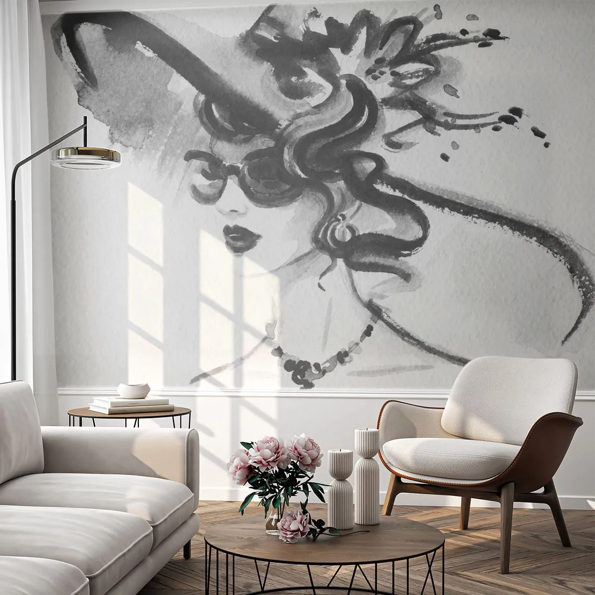 Selbstklebende Fototapete Deluxe Sticker - Eine Dame mit Charakter - Frau, In, A, Hat, Das Gesicht einer Frau, Schwarz und weiß - 200x140 cm