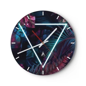 Wanduhr - Glasuhr - Tropische Blätter und Farne mit Neondreieck - 30x30cm - Garten im Disco-Stil - Moderne Wanddekoration für Wohnzimmer, Küche und Schlafzimmer ARTTOR