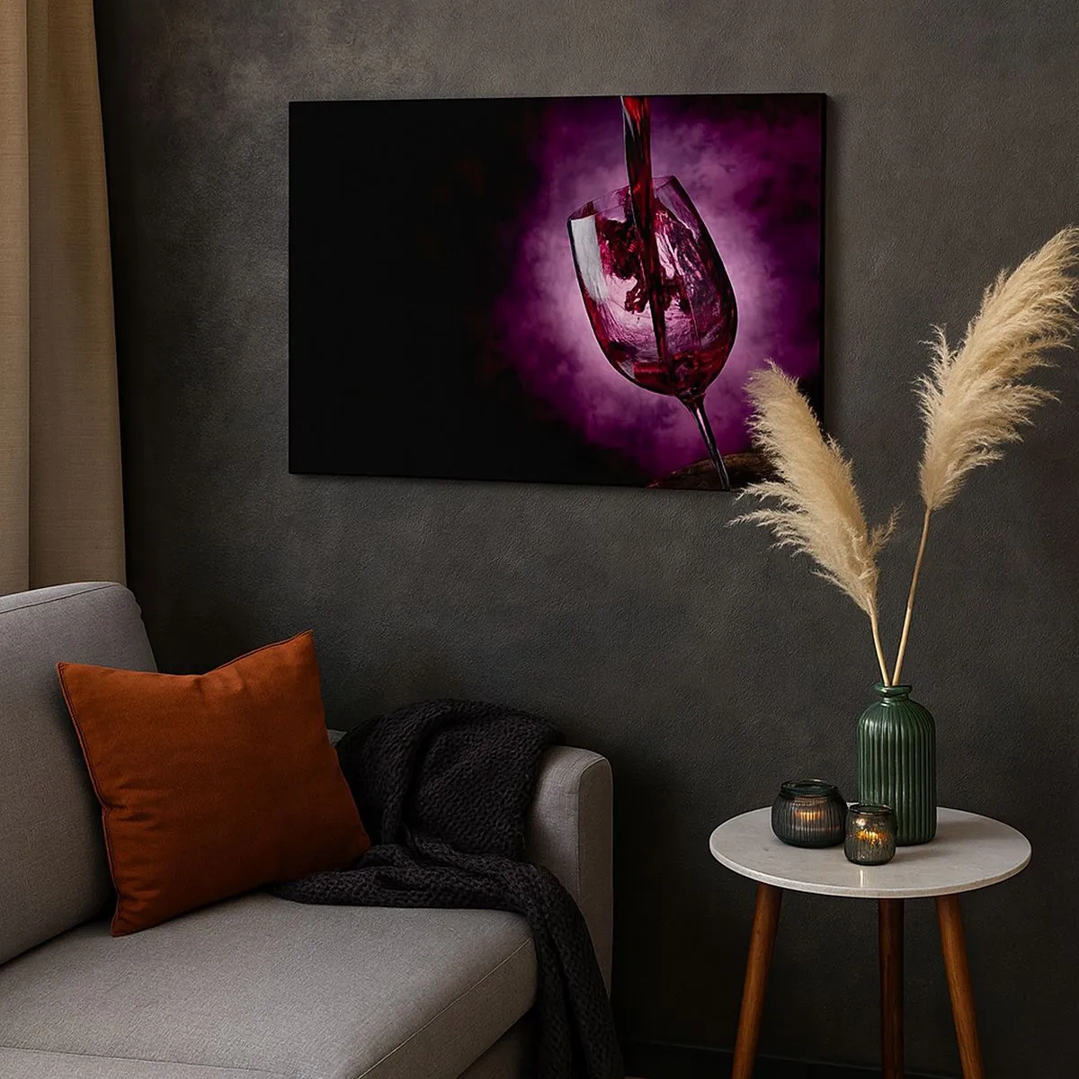 Bild auf Leinwand - Leinwandbild - Rotwein wird vor violettem Rauch in ein Glas gegossen - 70x50cm - Scharlachrot? Karminrot? Nein, Rubin. - Moderne Wanddekoration für Wohnzimmer und Schlafzimmer ARTTOR