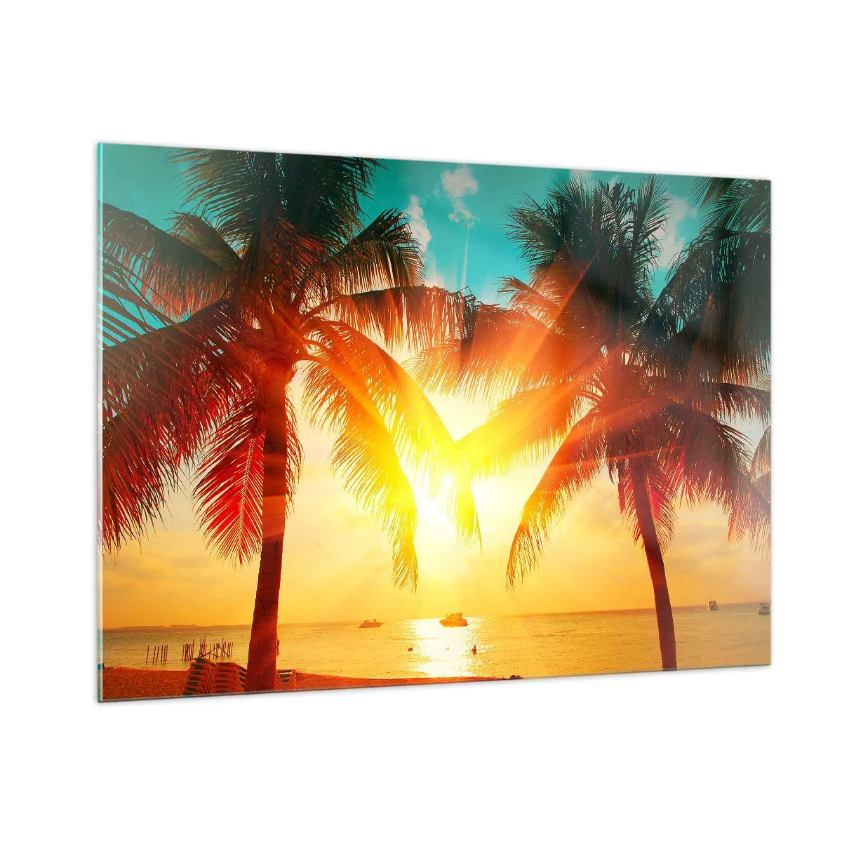 Glasbild - Bild auf glas - Sonnenbeschienene Palmen über einem tropischen Strand - 100x70cm - Exotisches Paar - Moderne Wanddekoration für Wohnzimmer und Schlafzimmer ARTTOR