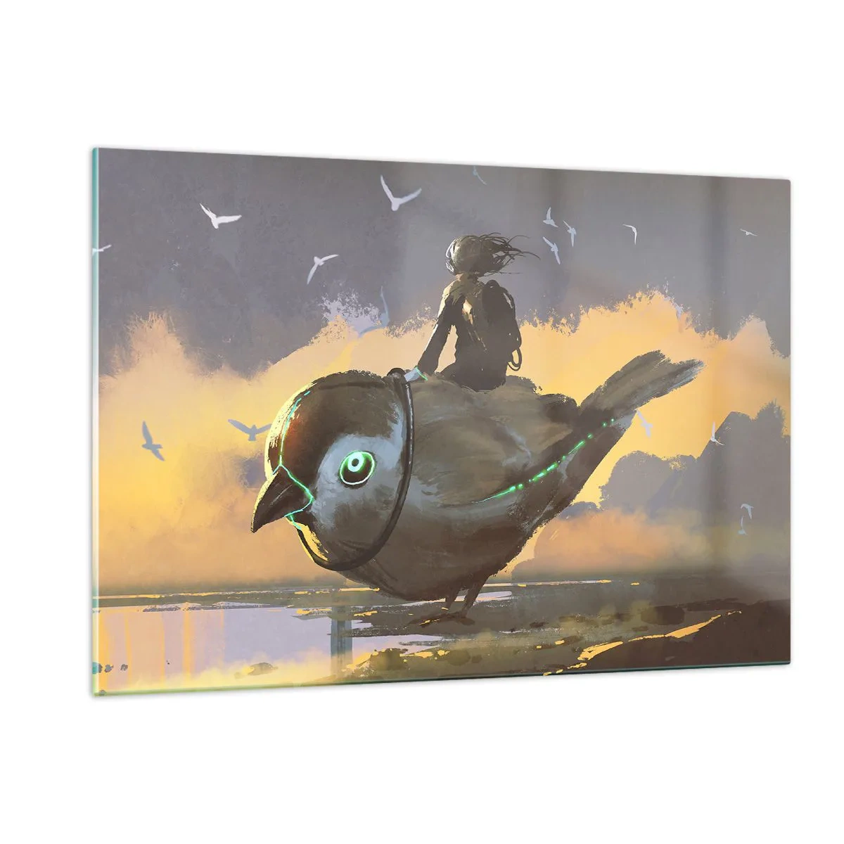Glasbild - Bild auf glas - Eine Figur auf einem riesigen Vogel im Licht der untergehenden Sonne - 120x80cm - Ein Stopp auf einer fantastischen Reise - Moderne Wanddekoration für Wohnzimmer und Schlafzimmer ARTTOR