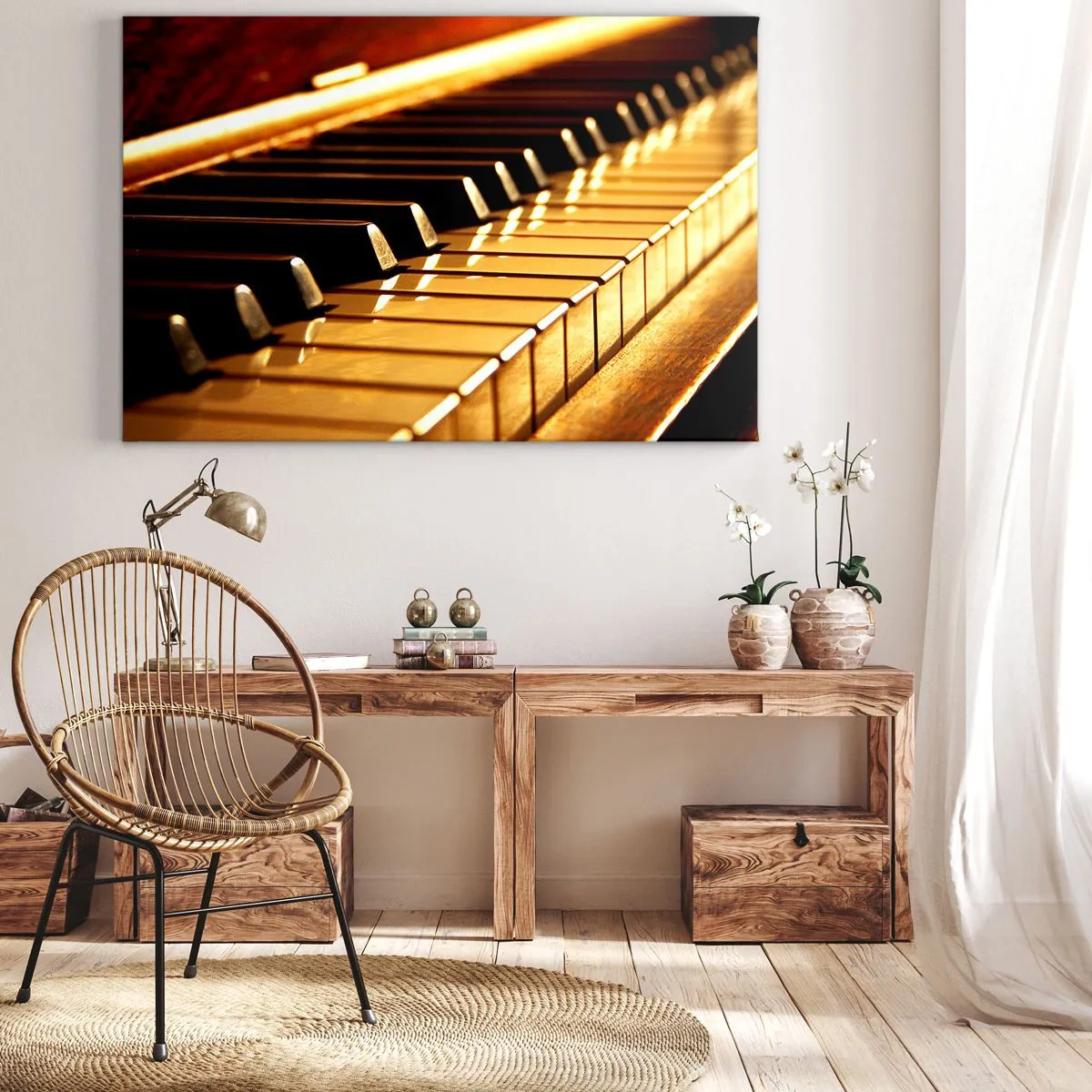 Bild auf Leinwand - Leinwandbild - Klaviertastatur in goldener Beleuchtung - 70x50cm - Endlose Möglichkeiten - Moderne Wanddekoration für Wohnzimmer und Schlafzimmer ARTTOR