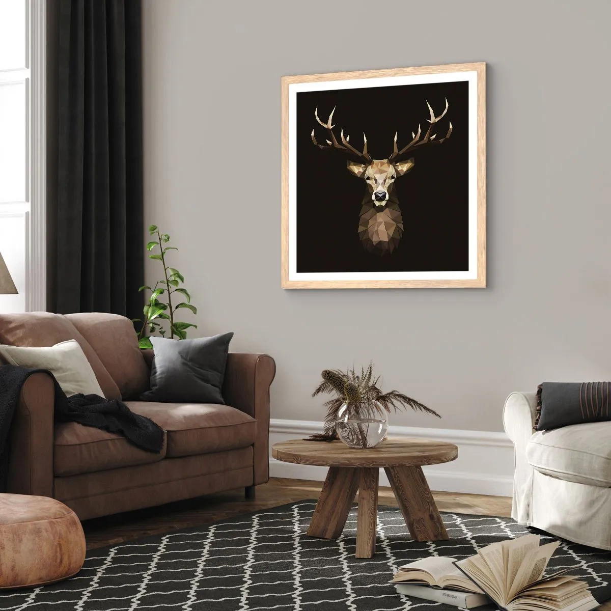 Poster in einem Rahmen aus heller Eiche - Kubistischer Hirsch - 60x60 cm