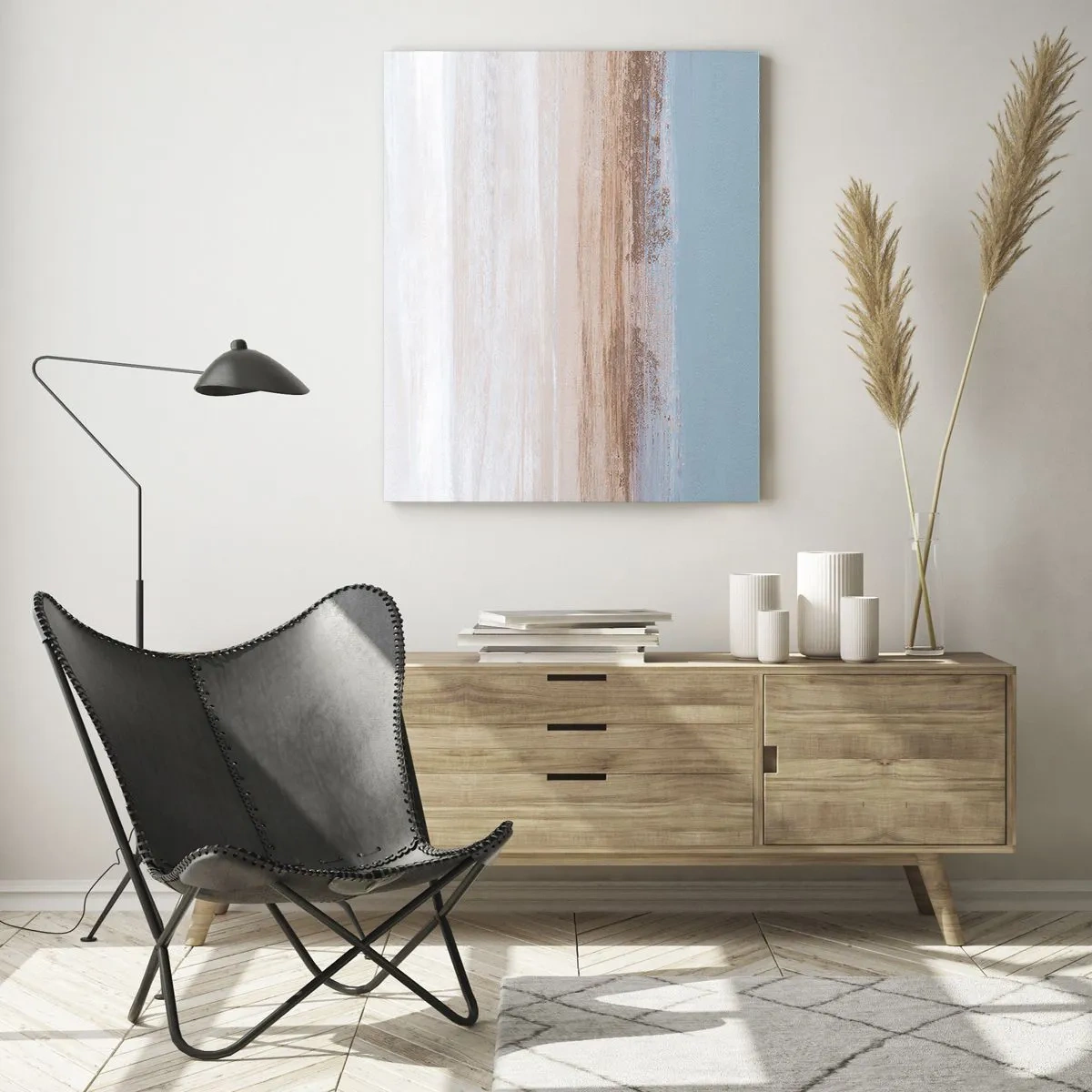 Glasbild - Bild auf glas - Eine subtile Landschaft in Pastelltönen von Blau und Beige - 80x120cm - Mehrdeutige Landschaft - Moderne Wanddekoration für Wohnzimmer und Schlafzimmer ARTTOR